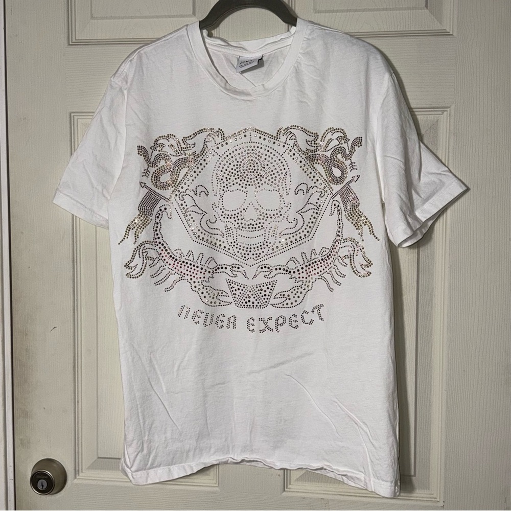 Zara Mens White Skull Rhinestone Graphic T-Shirt Large Never Expect Studded Tee